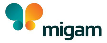 Logo firmy Migam S.A.: motyl w kolorach zielono-pomarańczowych i napis migam.