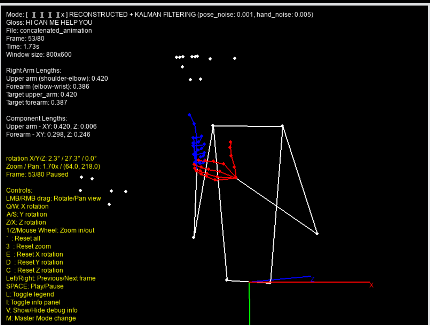 Debugger-Fenster: Posenrekonstruktion mit Kalman-Filterung, Gloss "HI CAN ME HELP YOU"
