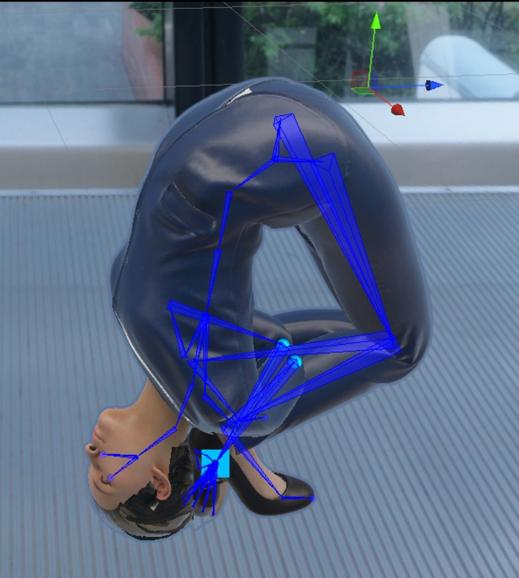 Eine 3D-Figur mit blauem Rigging-Skelett, in eine unnatürliche Pose verdreht
