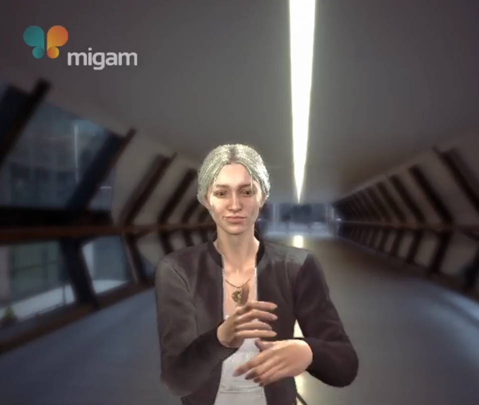 Ein fotorealistischer Avatar gebärdet auf einer Brücke - Render mit Migam-Logo