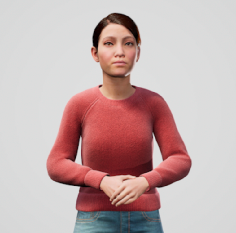 Ein fotorealistischer Avatar im rosa Pullover, neutrale Ausgangspose
